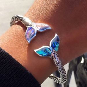 Mermaid Tail Bangle Bracelet with Abalone Shell Inlay, Ariel The Little Mermaid Bracelet, Dolphin Whale Fish Tail Siren Jewelry Gift for Her