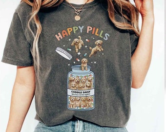 Camiseta Golden Doodle Happy Pills, divertida camiseta de mamá Goldendoodle, regalo para amantes de los animales, linda camiseta de humor de enfermería, camiseta para perro de servicio con ansiedad