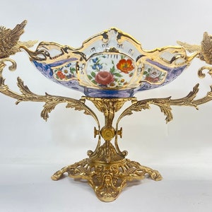 Antique Gilt Bronze & Porcelain Centerpiece Bowl – Hand-Painted Floral, French Rococo Style