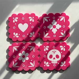 4pc Papel Picado Coaster | Day of the Dead Coaster | Mexican Coaster | Latina Coaster | Heart Coaster | Cute | Coaster Set | Latinx Gift