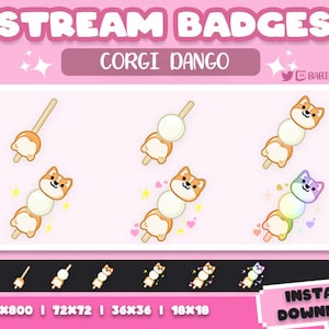 Insignias de Corgi Dango para Twitch, Kick, Discord / Descarga instantánea / Insignias de bits / Insignias de porras / Insignias de suscripción / Insignias de transmisión / Lindas / Kawaii