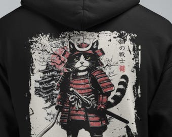 Japanese Samurai Cat Hoodie, Anime cat hoodie, Japanese Streetwear, Harajuku hoodie, Y2K Oversized Grunge Hoodie, Anime Cat Lover Gift