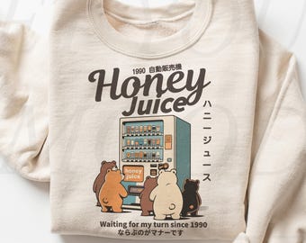 Sudadera de oso con jugo de miel, camiseta retro japonesa de máquina expendedora, suéter de anime de los 90, cuello redondo kawaii harajuku, regalo de animal divertido y acogedor
