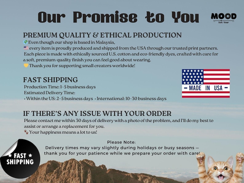 K&ouml;nnte beinhalten: Bild mit Text: "Our Promise to You" und "Premium Quality & Ethical Production." Enth&auml;lt eine US-Flagge mit "Made in USA." Zeigt auch "Fast Shipping" und eine Katze mit erhobenen Pfoten.