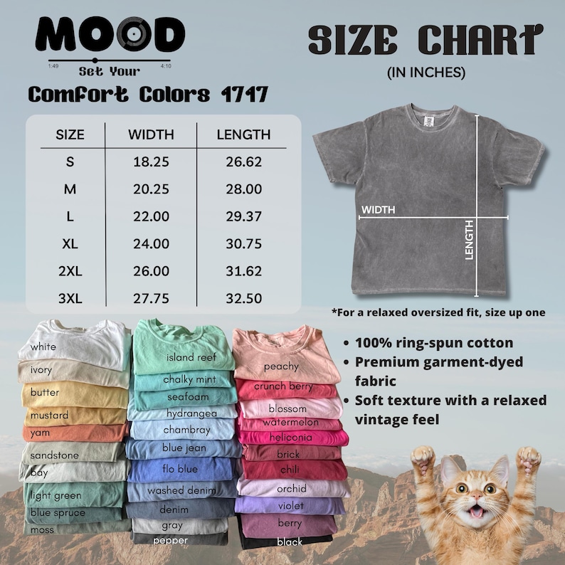 May include: A size chart for Comfort Colors 1717 t-shirts, with measurements in inches. The chart includes sizes S to 3XL, with width and length dimensions. The image also shows a gray t-shirt and a color palette of available shirt colors.