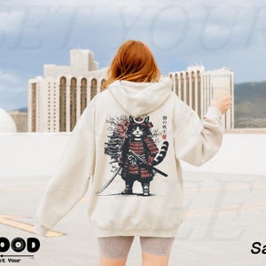 Bluza z kapturem z japońskim kotem samurajem, bluza z kapturem z kotem anime, japońska odzież uliczna, bluza z kapturem Harajuku, oversize'owa bluza z kapturem w stylu grunge Y2K, prezent dla miłośnika kotów anime zdjęcie 7