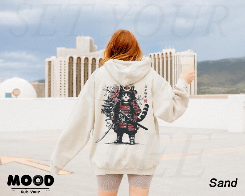 Bluza z kapturem z japońskim kotem samurajem, bluza z kapturem z kotem anime, japońska odzież uliczna, bluza z kapturem Harajuku, oversize'owa bluza z kapturem w stylu grunge Y2K, prezent dla miłośnika kotów anime zdjęcie 7