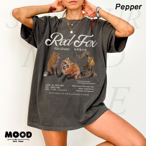 Japanese red fox kitsune graphic t-shirt in pepper grey, vintage 90s wildlife animal tee, forest nature aesthetic shirt, oversized casual streetwear look