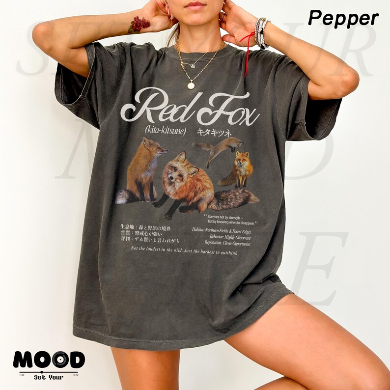 Japanese red fox kitsune graphic t-shirt in pepper grey, vintage 90s wildlife animal tee, forest nature aesthetic shirt, oversized casual streetwear look