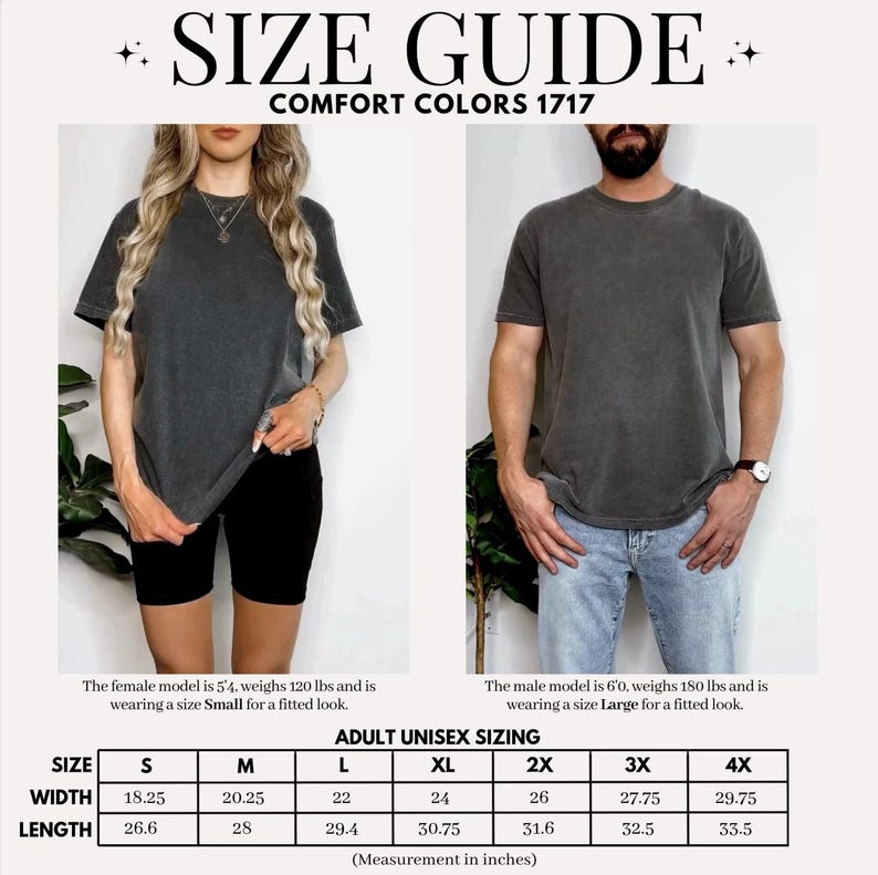 May include: Size guide graphic with the text "SIZE GUIDE COMFORT COLORS 1717." The image shows a woman and a man wearing gray t-shirts. The size chart shows adult unisex sizing with measurements in inches.