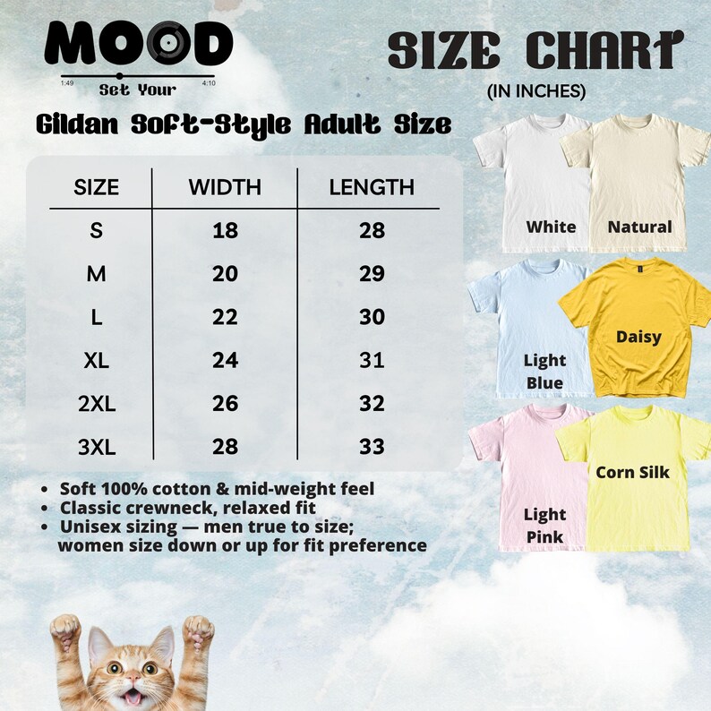 以下が含まれることがあります： Gildan Soft-Style 大人用Tシャツのサイズチャート。Sから3XLまでのサイズについて、インチ単位の測定値を表示しています。色は白、ナチュラル、ライトブルー、デイジー、ライトピンク、コーンシルクが含まれます。シャツは柔らかい100％コットン製です。