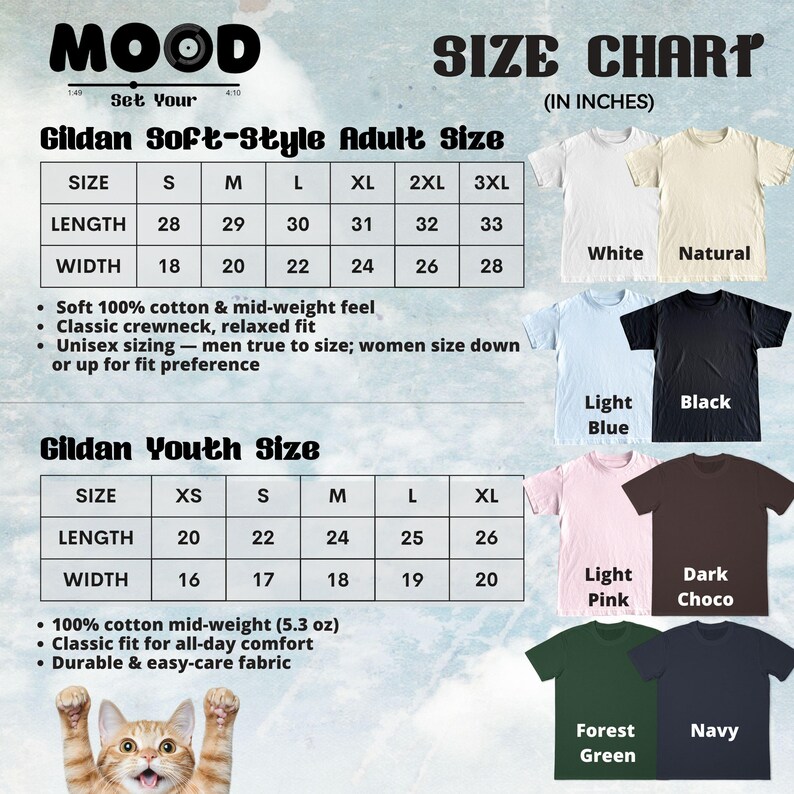 May include: A size chart for Gildan Soft-Style adult and youth t-shirts, with measurements in inches. The chart includes sizes S to 3XL for adults and XS to XL for youth. Colors include white, natural, light blue, black, light pink, dark choco, forest green, and navy.