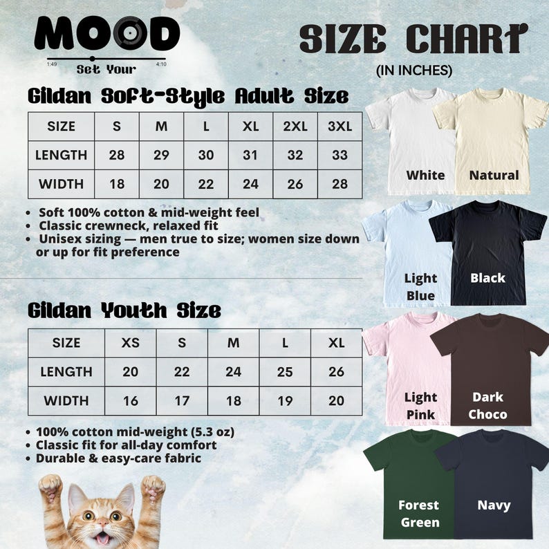 May include: A size chart for Gildan Soft-Style adult and youth t-shirts. The chart includes measurements in inches for length and width, along with color options like white, black, and light blue. The image also shows a cat.