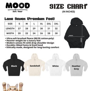 May include: An image showing a size chart for Lane Seven hoodies, with measurements in inches. The chart details length and width for sizes S to 3XL. The image also displays black, sandshell, white, and heather grey hoodies.
