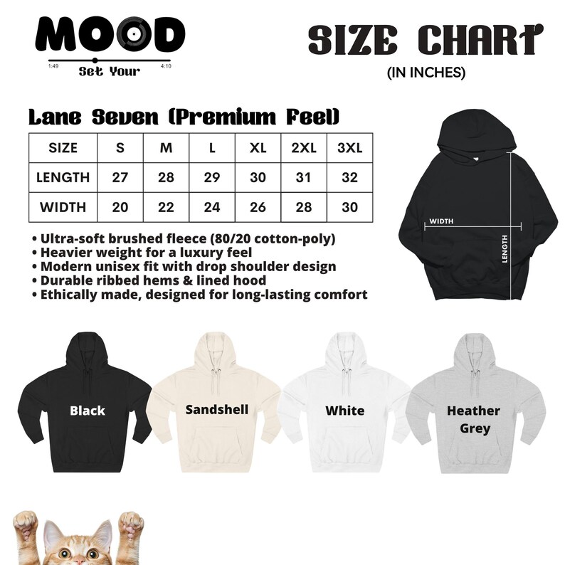 May include: An image showing a size chart for Lane Seven hoodies, with measurements in inches. The chart details length and width for sizes S to 3XL. The image also displays black, sandshell, white, and heather grey hoodies.