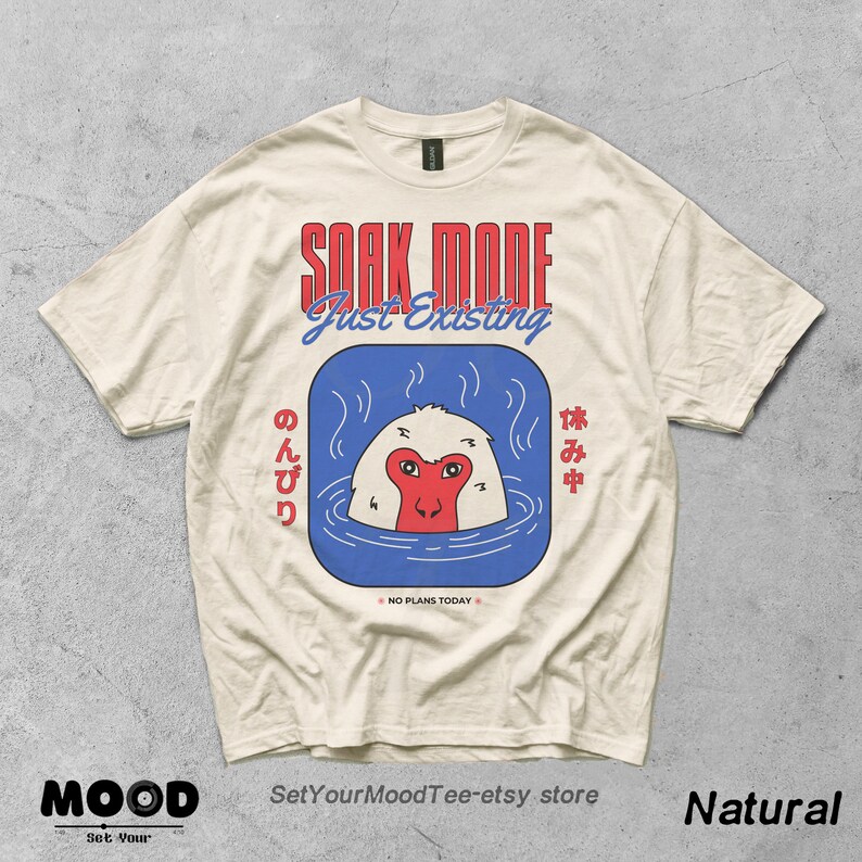 Cute snow monkey hot spring t-shirt, Japanese onsen monkey graphic with red and blue retro text design