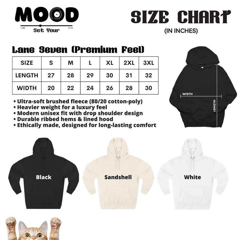 May include: A size chart for Lane Seven hoodies, with measurements in inches. The chart includes length and width dimensions for sizes S through 3XL. The image also shows a black, sandshell, and white hoodie.