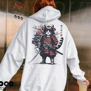 Bluza z kapturem z japońskim kotem samurajem, bluza z kapturem z kotem anime, japońska odzież uliczna, bluza z kapturem Harajuku, oversize'owa bluza z kapturem w stylu grunge Y2K, prezent dla miłośnika kotów anime Ash