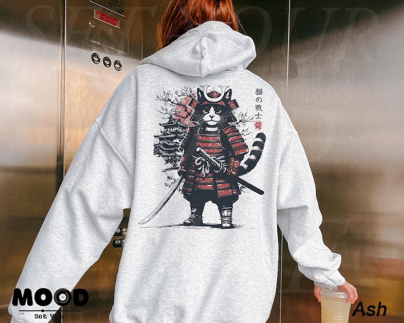 Bluza z kapturem z japońskim kotem samurajem, bluza z kapturem z kotem anime, japońska odzież uliczna, bluza z kapturem Harajuku, oversize'owa bluza z kapturem w stylu grunge Y2K, prezent dla miłośnika kotów anime Ash
