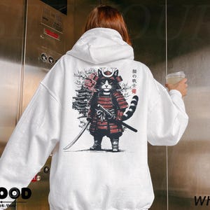 Bluza z kapturem z japońskim kotem samurajem, bluza z kapturem z kotem anime, japońska odzież uliczna, bluza z kapturem Harajuku, oversize'owa bluza z kapturem w stylu grunge Y2K, prezent dla miłośnika kotów anime zdjęcie 6