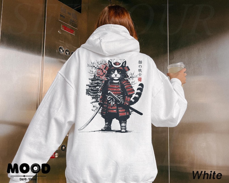 Bluza z kapturem z japońskim kotem samurajem, bluza z kapturem z kotem anime, japońska odzież uliczna, bluza z kapturem Harajuku, oversize'owa bluza z kapturem w stylu grunge Y2K, prezent dla miłośnika kotów anime zdjęcie 6