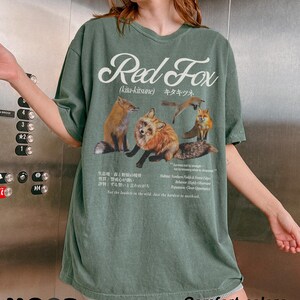 Hokkaido red fox graphic t-shirt in moss green Comfort Colors tee, Japanese kitsune fox design, vintage wildlife nature shirt, oversized streetwear aesthetic