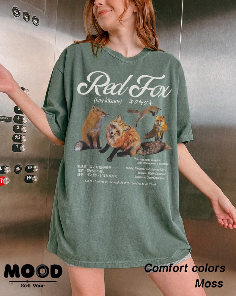 Hokkaido red fox graphic t-shirt in moss green Comfort Colors tee, Japanese kitsune fox design, vintage wildlife nature shirt, oversized streetwear aesthetic
