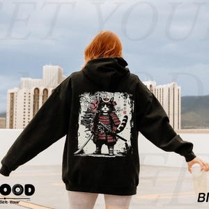 Bluza z kapturem z japońskim kotem samurajem, bluza z kapturem z kotem anime, japońska odzież uliczna, bluza z kapturem Harajuku, oversize'owa bluza z kapturem w stylu grunge Y2K, prezent dla miłośnika kotów anime zdjęcie 3