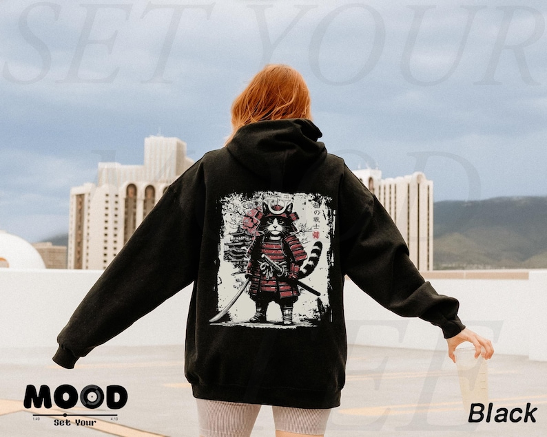 Bluza z kapturem z japońskim kotem samurajem, bluza z kapturem z kotem anime, japońska odzież uliczna, bluza z kapturem Harajuku, oversize'owa bluza z kapturem w stylu grunge Y2K, prezent dla miłośnika kotów anime zdjęcie 3