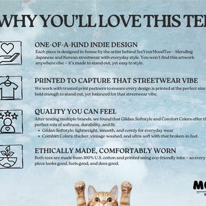 K&ouml;nnte beinhalten: Eine Werbegrafik mit dem Text "WHY YOU'LL LOVE THIS TEE" und Informationen &uuml;ber Design, Druck, Qualit&auml;t und ethische Herstellung des Produkts. Am unteren Rand des Bildes ist eine Katze mit erhobenen Pfoten zu sehen.