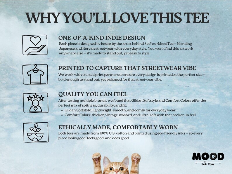 K&ouml;nnte beinhalten: Eine Werbegrafik mit dem Text "WHY YOU'LL LOVE THIS TEE" und Informationen &uuml;ber Design, Druck, Qualit&auml;t und ethische Herstellung des Produkts. Am unteren Rand des Bildes ist eine Katze mit erhobenen Pfoten zu sehen.
