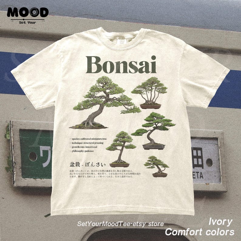 Bonsai tree botanical graphic shirt on ivory Comfort Colors tee featuring multiple Japanese bonsai illustrations with minimalist nature design.