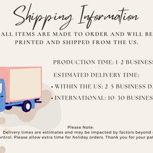 May include: Illustration of a blue delivery truck with a pink cargo container. Text reads "Shipping Information" and details about production and delivery times within the US and internationally. The logo "MOOD" is in the upper right corner.