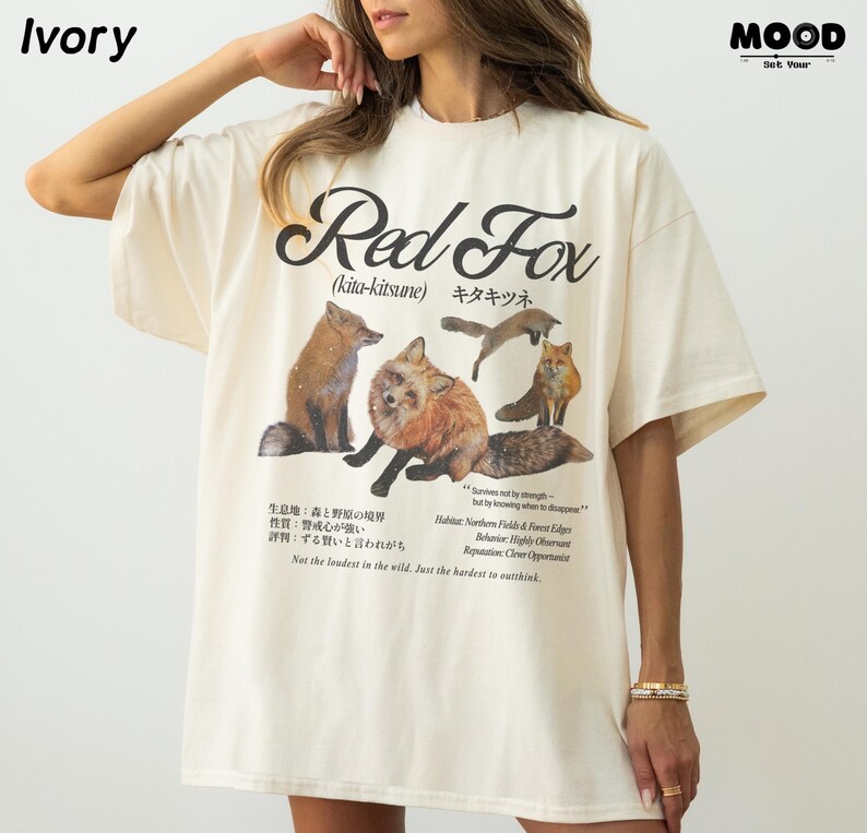 Hokkaido red fox graphic t-shirt in ivory, retro Japanese kitsune fox tee, vintage wildlife illustration shirt, minimalist nature aesthetic outfit