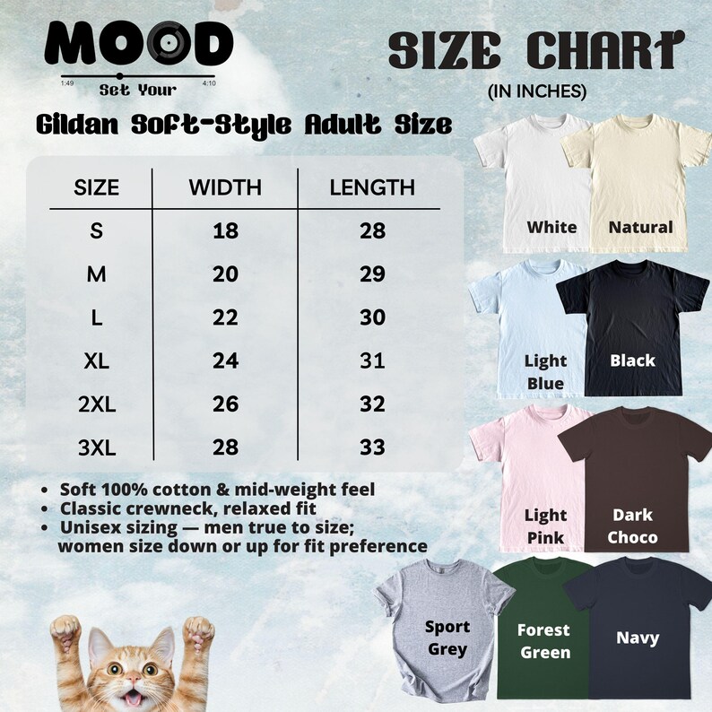 May include: A size chart for Gildan Soft-Style adult t-shirts. The chart includes measurements in inches for sizes S to 3XL. Colors include white, natural, light blue, black, light pink, dark choco, sport grey, forest green, and navy.