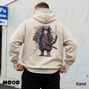 Bluza z kapturem z japońskim kotem samurajem, bluza z kapturem z kotem anime, japońska odzież uliczna, bluza z kapturem Harajuku, oversize'owa bluza z kapturem w stylu grunge Y2K, prezent dla miłośnika kotów anime Sand