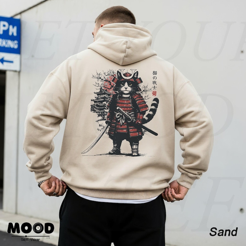 Bluza z kapturem z japońskim kotem samurajem, bluza z kapturem z kotem anime, japońska odzież uliczna, bluza z kapturem Harajuku, oversize'owa bluza z kapturem w stylu grunge Y2K, prezent dla miłośnika kotów anime Sand