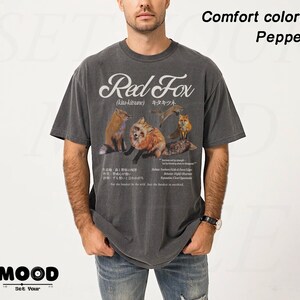 Unisex Hokkaido red fox graphic t-shirt in pepper grey, Japanese kitsune fox design, vintage wildlife forest shirt, casual streetwear men outfit
