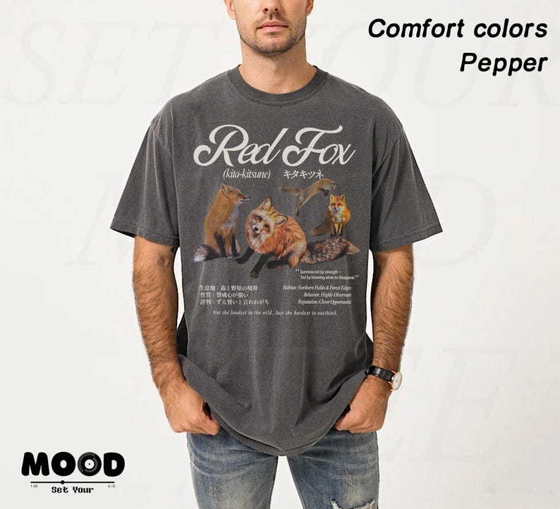 Unisex Hokkaido red fox graphic t-shirt in pepper grey, Japanese kitsune fox design, vintage wildlife forest shirt, casual streetwear men outfit