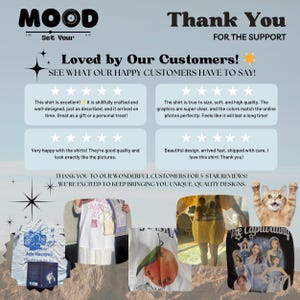 May include: A promotional image with the text "MOOD" and "Thank You." It features customer reviews and images of various t-shirts with graphics. One shirt has a Jeju Haenyeo design, and another has a graphic of a large orange.