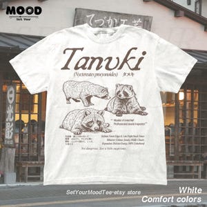 Japanese tanuki shirt with raccoon dog illustrations, vintage wildlife graphic tee on white Comfort Colors shirt, forest nature aesthetic 90s style animal print