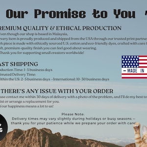 May include: Image with text: "Our Promise to You" and "Premium Quality & Ethical Production." Includes a US flag with "Made in USA." Also shows "Fast Shipping" and a cat with its paws up.