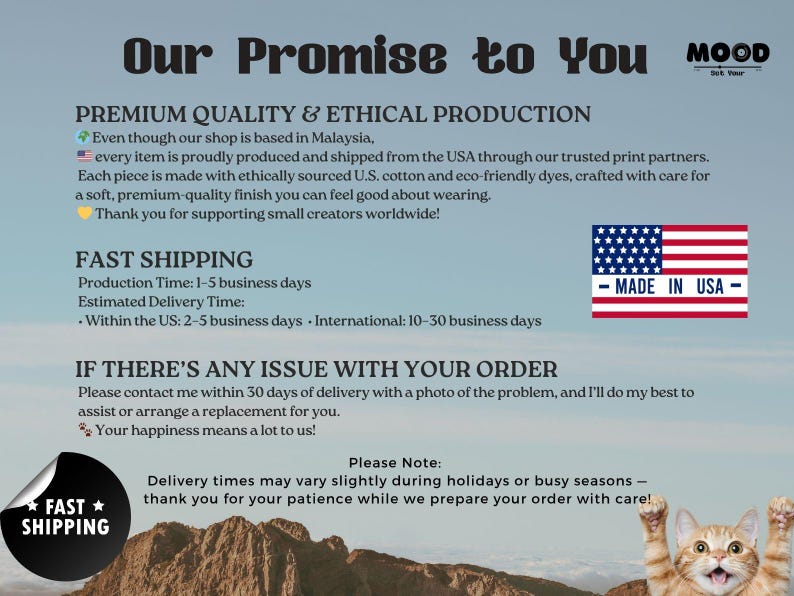 May include: Image with text: "Our Promise to You" and "Premium Quality & Ethical Production." Includes a US flag with "Made in USA." Also shows "Fast Shipping" and a cat with its paws up.