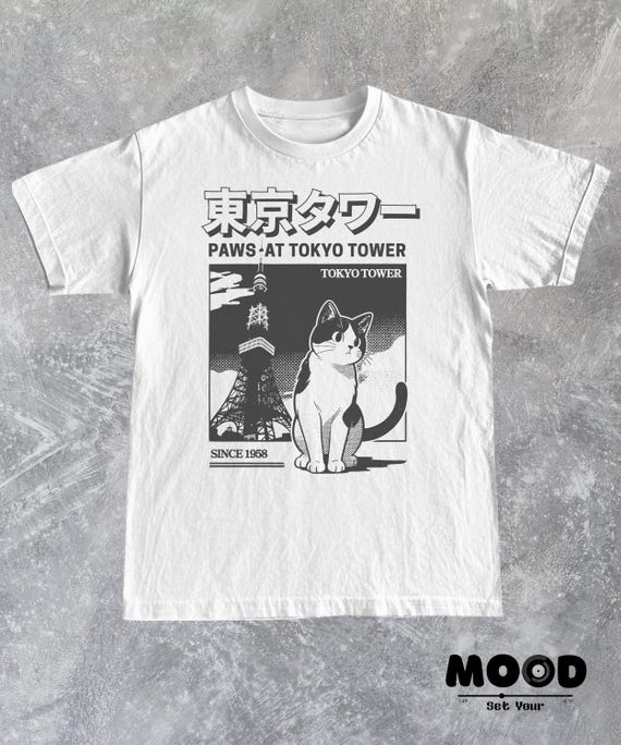 Retro Japanese Cat Tokyo Tower Shirt, 90s Anime Shirt, Harajuku Japanese Streetwear, Nostalgia Vintage Manga Shirt, Japanese Aesthetics