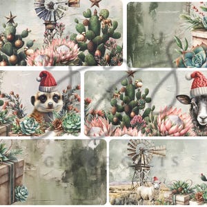 May include: A collection of six rectangular panels featuring festive desert-themed illustrations. The designs include cacti decorated with ornaments, protea flowers, succulents, gift boxes, a meerkat, and a sheep, both wearing red Santa hats.