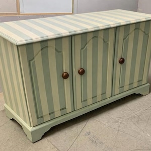 Vintage Sage Green Striped Sideboard – Hand-Painted French Country Buffet Console