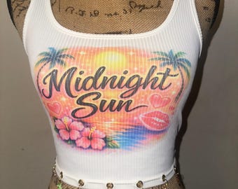 Zara Larson Concert Outfit, midnight sun airbrush tank, Y2K aesthetic, charm tank top, summer outfit