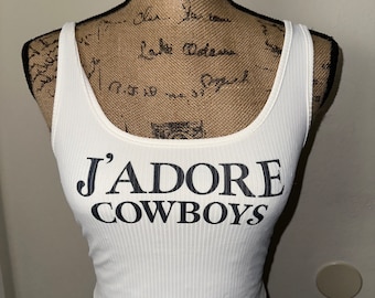 J’adore cowboys tank top, I love cowboys shirt, white summer crop top, western wear, country concert, Kendall Jenner tshirt