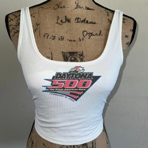 NASCAR shirt, Daytona 500 tank top, white summer crop top, western wear, graphic tee, vintage tshirt