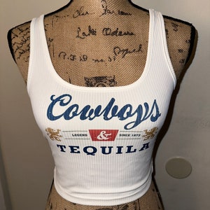 Cowboys and tequila shirt, beer tank top, white summer crop top, country concert outfit, coors tshirt